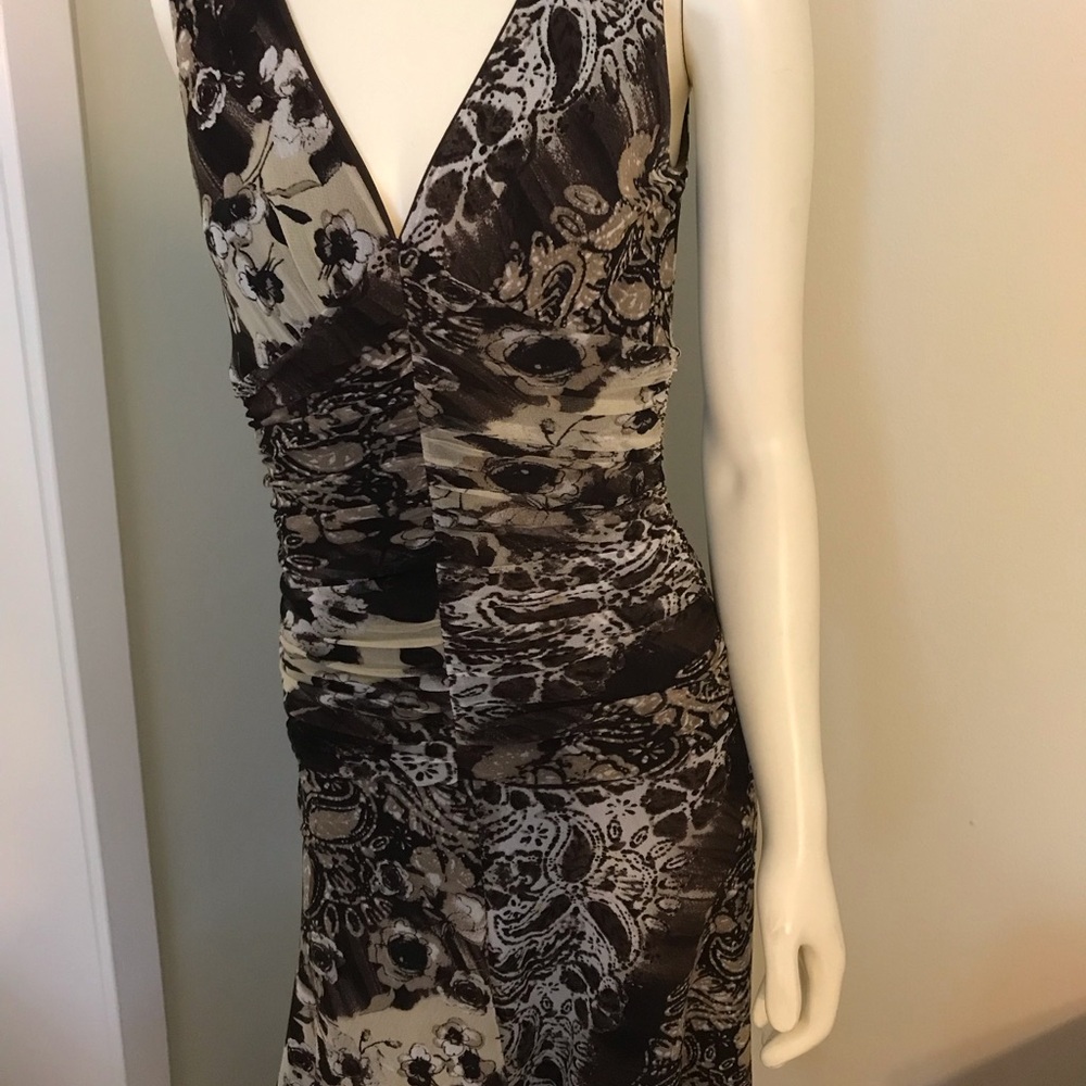 Karen Kane Black and Silver Ruched Wrap Cocktail Dress